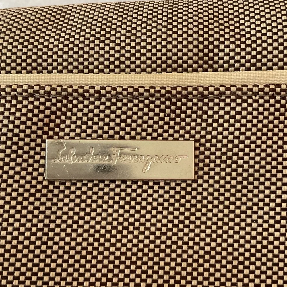 Salvatore Ferragamo Brown Textured Canvas Toiletry Pouch with Gold Accent
